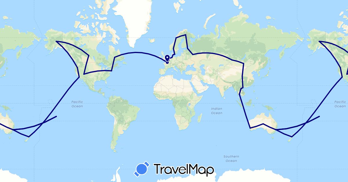 TravelMap itinerary: driving in Australia, Belgium, Canada, China, Germany, Denmark, Finland, France, Laos, Mongolia, Netherlands, Norway, New Zealand, Russia, Thailand, United States, Vietnam (Asia, Europe, North America, Oceania)